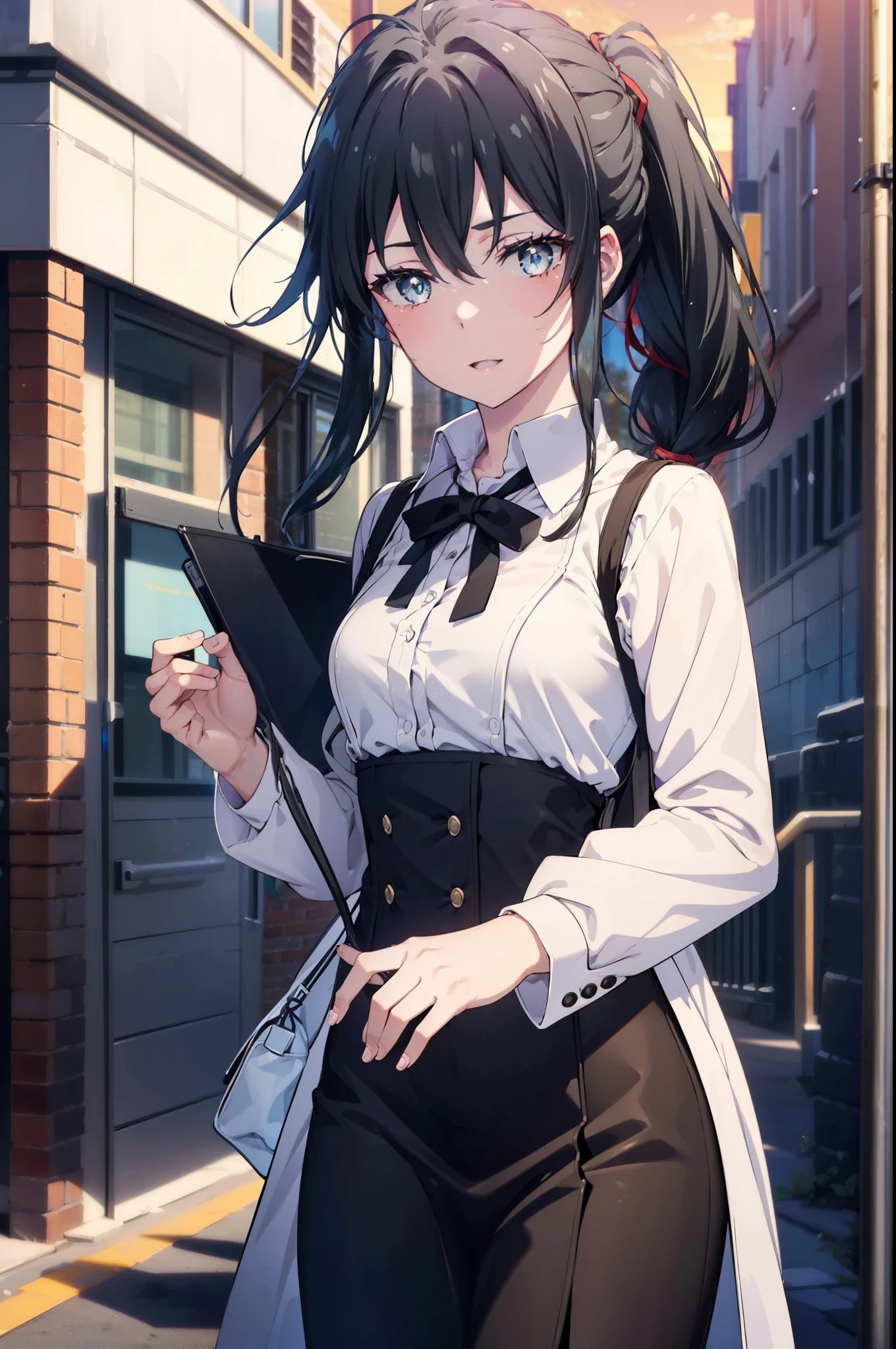 yukinoyukinoshita, yukino yukinoshita, black hair, blue eyes, long hair,short braided hair,ponytail, Ahoge,OL, happy smile, smile, open your mouth,red glasses, end, black suit jacket, collared jacket, white dress shirt, collared shirt, neckline, button, strap, ID card on neck, black pencil skirt, black pantyhose,stiletto heels,morning,morning日,the sun is rising,So that the whole body goes into the illustration,
break outdoors, In town,building street,
break looking at viewer, (cowboy shot:1.5),
break (masterpiece:1.2), highest quality, High resolution, unity 8k wallpaper, (figure:0.8), (detailed and beautiful eyes:1.6), highly detailed face, perfect lighting, Very detailed CG, (perfect hands, perfect anatomy),