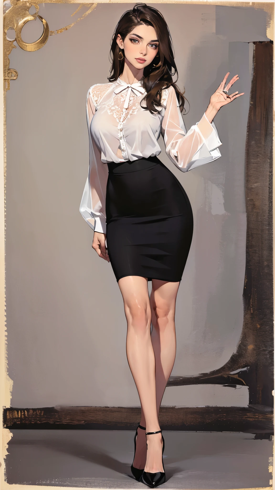 ((best quality,4k,highres,masterpiece:1.2)),((character concept art)), 1 female, 33-year-old university teacher, ((elegant, ethereal beauty)), brunette hair, (fair skin colour), ultra finely detailed eyes (hazel eyes colour), hot, intelligent, educational enthusiast, slim body build, ((intricate detail)), super finely detailed hands, ultra finely detailed fingers(((ten fingers))), wearing outfit:((form-fitting blouse, pencil skirt, heels)), (standing professionally), (full body showcase), (show full body), (no logos on background), (no logo), ((plain background)), ((plain background)), (((empty background)))