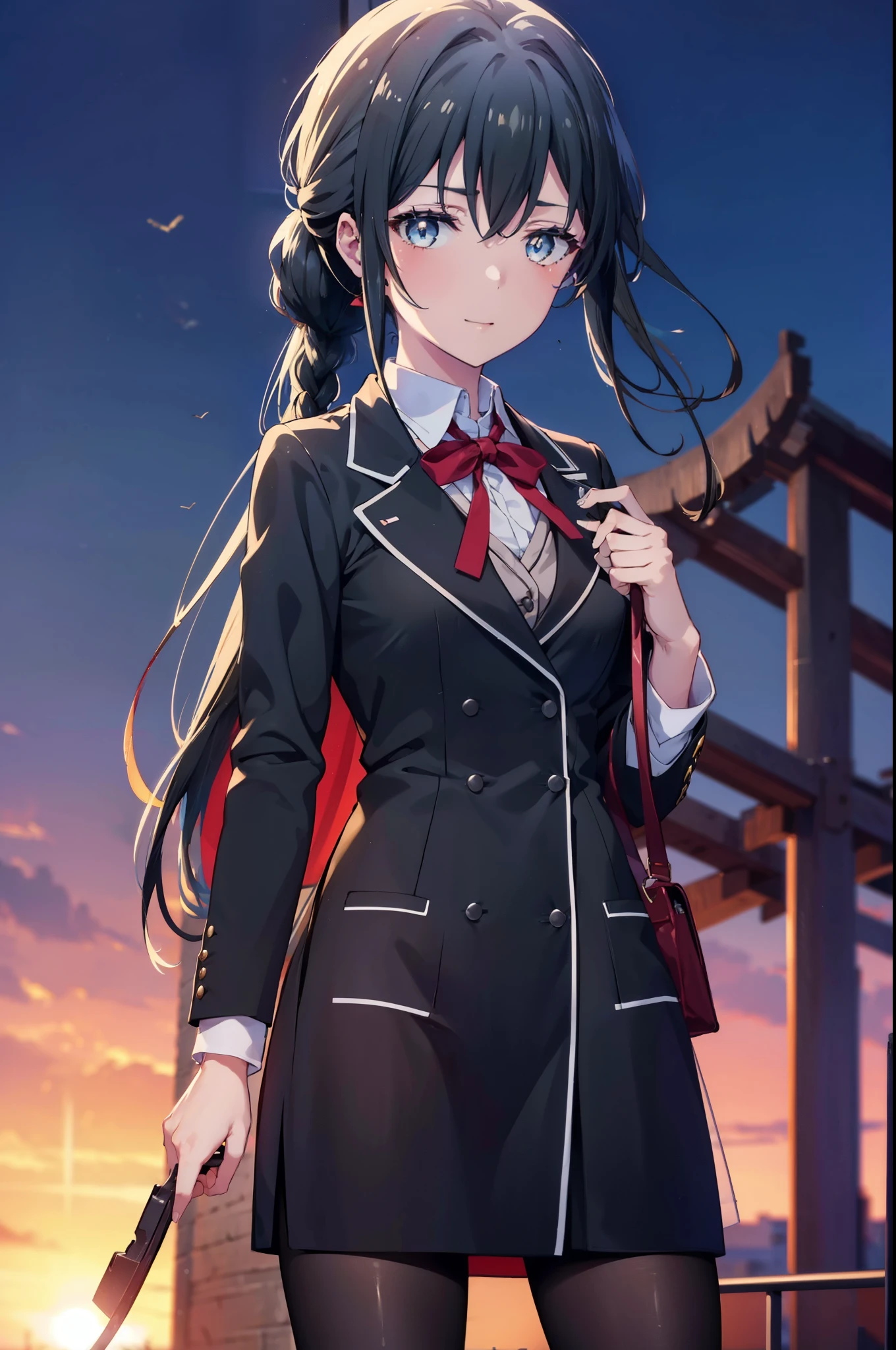 yukinoyukinoshita, yukino yukinoshita, black hair, blue eyes, long hair,short braided hair,ponytail, Ahoge,OL, happy smile, smile, open your mouth,red glasses, end, black suit jacket, collared jacket, white dress shirt, collared shirt, neckline, button, strap, ID card on neck, black pencil skirt, black pantyhose,stiletto heels,morning,morning日,the sun is rising,So that the whole body goes into the illustration,
break outdoors, In town,building street,
break looking at viewer, (cowboy shot:1.5),
break (masterpiece:1.2), highest quality, High resolution, unity 8k wallpaper, (figure:0.8), (detailed and beautiful eyes:1.6), highly detailed face, perfect lighting, Very detailed CG, (perfect hands, perfect anatomy),