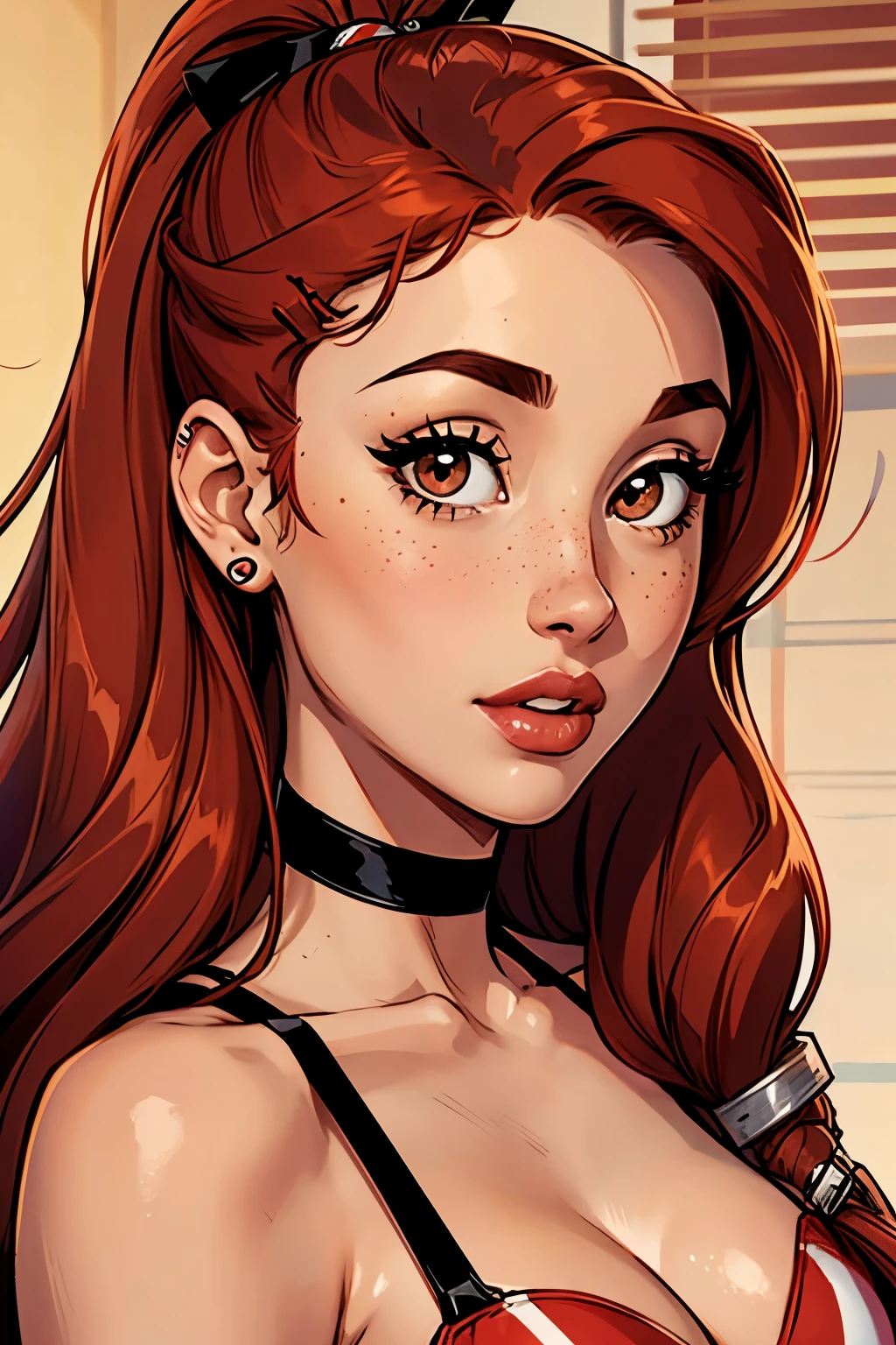 Ariana Grande, long red hair, hairpin, red stripped dress, full lips, brown_eyes, pecas