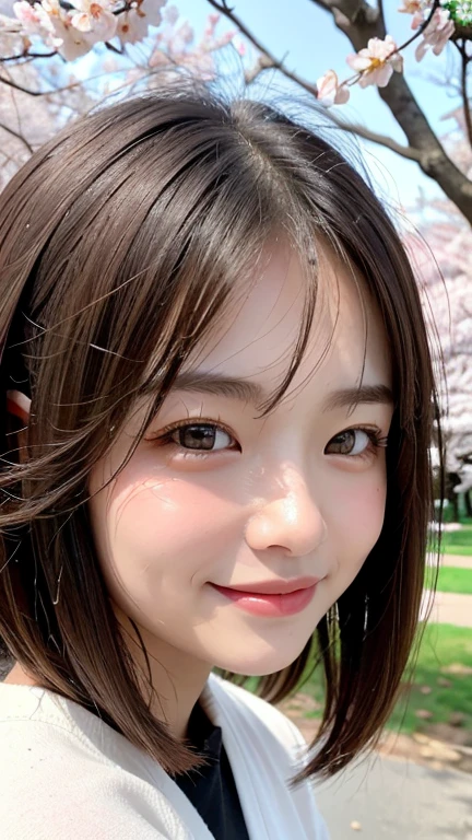 (((close up of face)))、(((Absolutely shoulder-length brown hair straight short bob)))、(((She is posing like a hair salon model with a row of cherry blossom trees in the background.)))、(((casual black winter long sleeve clothes)))、Half Japanese and Korean、18 year old girl、standing alone、facing forward、light eye makeup、brown hair color、flat and 、hair blowing in the wind、actress quality、Shiny, ultra-realistic face、smiling expression、Moist eyes、looking up、subdued lighting effects、 ultra-realistic capture、very detailed、High resolution 16K close-up of human skin。Skin texture must be natural、Must be so detailed that pores can be identified、skin is healthy、Must have an even tone、use natural light and colors、Old-fashioned high-quality images taken by a model agency's exclusive photographer、smile