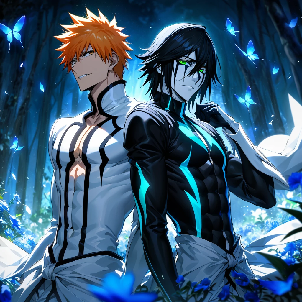 absurdres, highres, ultra detailed, HDR), master piece, best quality, Kurosaki Ichigo, orange hair, vibrant brown eyes, black shinigami clothes, Bleach, Ulquiorra Cifer, black medium hair, hair between the eyes, vibrant green eyes, white arrancar clothes, 2men together, gay, handsome, blue forest, blue butterflies, blue flowers, blue petals