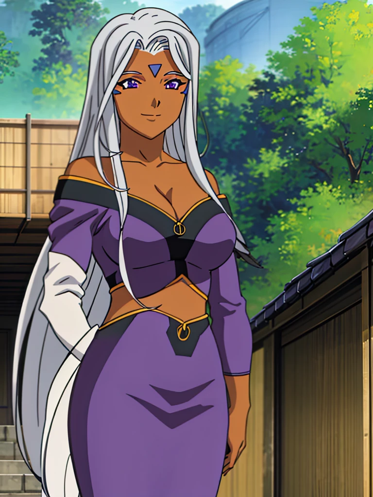 Urd, 1girl, solo, dark skin, purple color eyes, cleavage, smile, goddess outfit, standing, perfect quality, good quality, masterpiece, HDR, UHD