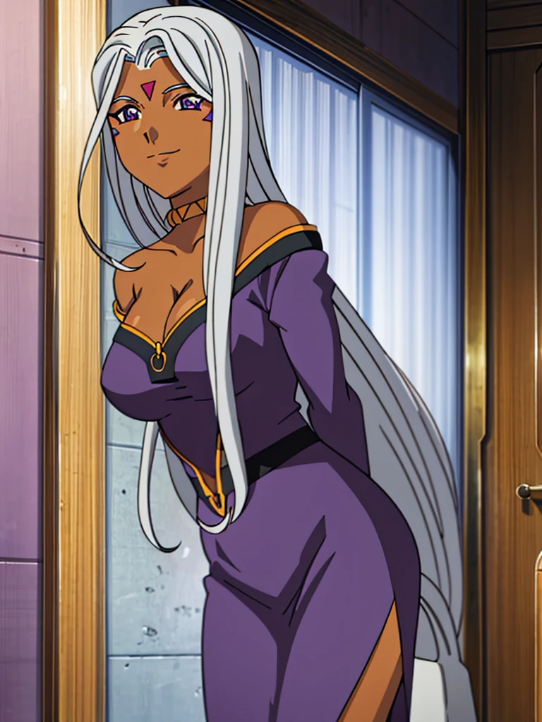 Urd, 1girl, solo, dark skin, purple color eyes, cleavage, smile, goddess outfit, standing, perfect quality, good quality, masterpiece, HDR, UHD