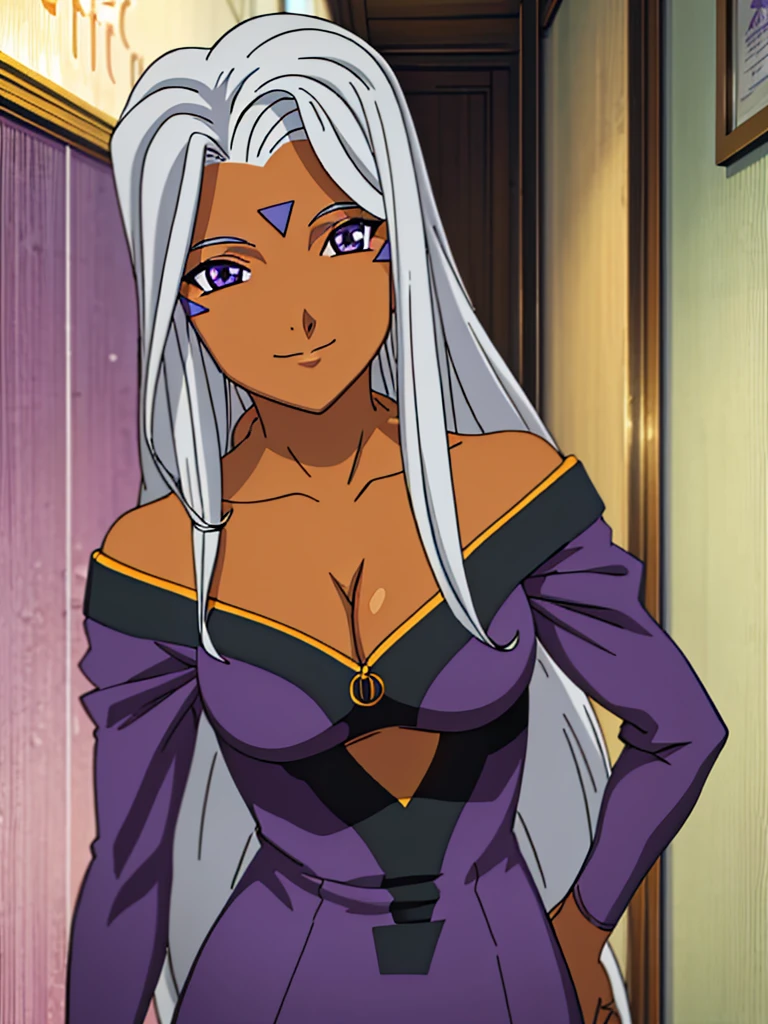 Urd, 1girl, solo, dark skin, purple color eyes, cleavage, smile, goddess outfit, standing, perfect quality, good quality, masterpiece, HDR, UHD