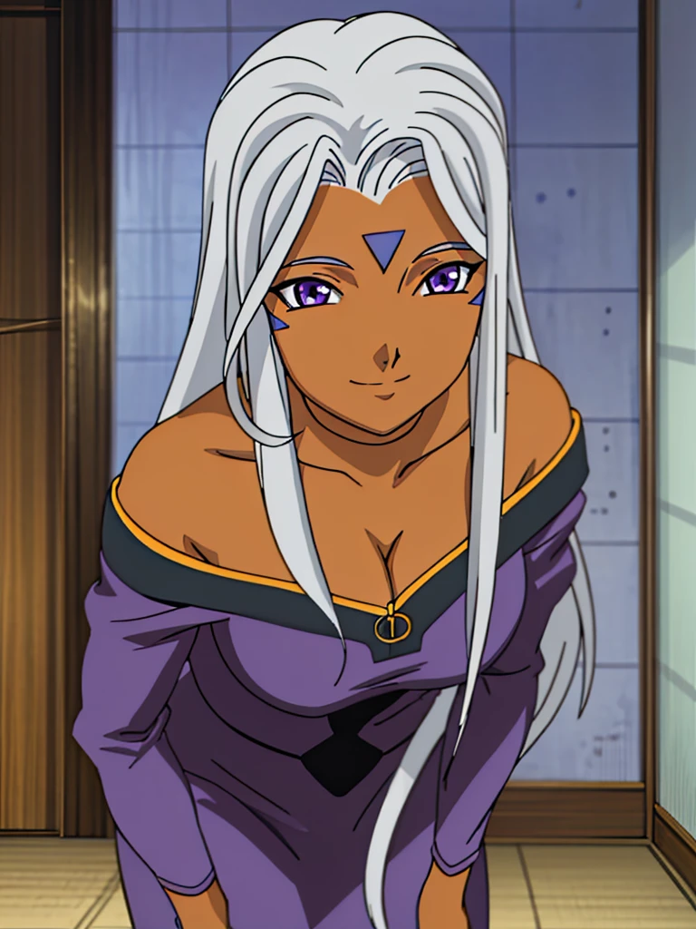 Urd, 1girl, solo, dark skin, purple color eyes, cleavage, smile, goddess outfit, standing, perfect quality, good quality, masterpiece, HDR, UHD