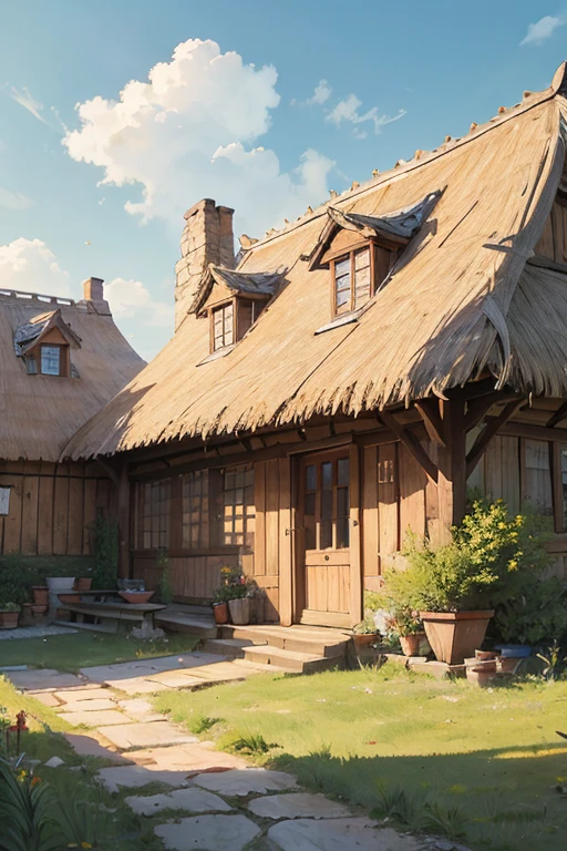 big 10th century slavic village, thatched roofs, smithy, forge,