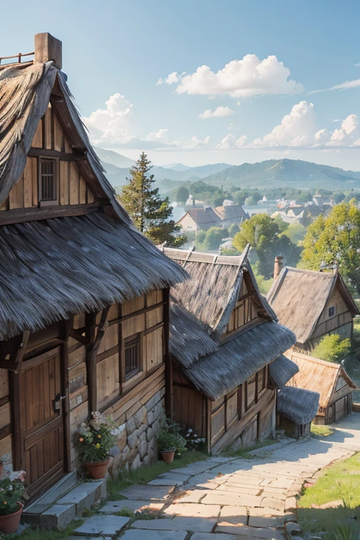 big 10th century slavic village, thatched roofs, smithy, forge,