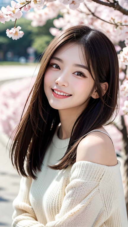 (((close up of face)))、(((Absolutely shoulder-length brown hair straight short bob)))、(((She is posing like a hair salon model with a row of cherry blossom trees in the background.)))、(((casual black winter long sleeve clothes)))、Half Japanese and Korean、18 year old girl、standing alone、facing forward、light eye makeup、brown hair color、flat and 、hair blowing in the wind、actress quality、Shiny, ultra-realistic face、smiling expression、Moist eyes、looking up、subdued lighting effects、 ultra-realistic capture、very detailed、High resolution 16K close-up of human skin。Skin texture must be natural、Must be so detailed that pores can be identified、skin is healthy、Must have an even tone、use natural light and colors、Old-fashioned high-quality images taken by a model agency's exclusive photographer、smile
