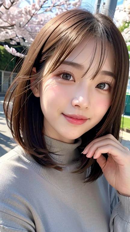 (((close up of face)))、(((Absolutely shoulder-length brown hair straight short bob)))、(((She is posing like a hair salon model with a row of cherry blossom trees in the background.)))、(((casual black winter long sleeve clothes)))、Half Japanese and Korean、18 year old girl、standing alone、facing forward、light eye makeup、brown hair color、flat and 、hair blowing in the wind、actress quality、Shiny, ultra-realistic face、smiling expression、Moist eyes、looking up、subdued lighting effects、 ultra-realistic capture、very detailed、High resolution 16K close-up of human skin。Skin texture must be natural、Must be so detailed that pores can be identified、skin is healthy、Must have an even tone、use natural light and colors、Old-fashioned high-quality images taken by a model agency's exclusive photographer、smile