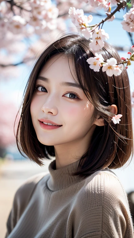 (((close up of face)))、(((Absolutely shoulder-length brown hair straight short bob)))、(((She is posing like a hair salon model with a row of cherry blossom trees in the background.)))、(((casual black winter long sleeve clothes)))、Half Japanese and Korean、18 year old girl、standing alone、facing forward、light eye makeup、brown hair color、flat and 、hair blowing in the wind、actress quality、Shiny, ultra-realistic face、smiling expression、Moist eyes、looking up、subdued lighting effects、 ultra-realistic capture、very detailed、High resolution 16K close-up of human skin。Skin texture must be natural、Must be so detailed that pores can be identified、skin is healthy、Must have an even tone、use natural light and colors、Old-fashioned high-quality images taken by a model agency&#39;s exclusive photographer、smile
