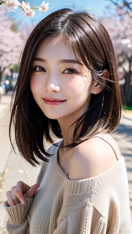 (((close up of face)))、(((Absolutely shoulder-length brown hair straight short bob)))、(((She is posing like a hair salon model with a row of cherry blossom trees in the background.)))、(((casual black winter long sleeve clothes)))、Half Japanese and Korean、18 year old girl、standing alone、facing forward、light eye makeup、brown hair color、flat and 、hair blowing in the wind、actress quality、Shiny, ultra-realistic face、smiling expression、Moist eyes、looking up、subdued lighting effects、 ultra-realistic capture、very detailed、High resolution 16K close-up of human skin。Skin texture must be natural、Must be so detailed that pores can be identified、skin is healthy、Must have an even tone、use natural light and colors、Old-fashioned high-quality images taken by a model agency's exclusive photographer、smile