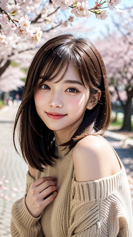 (((close up of face)))、(((Absolutely shoulder-length brown hair straight short bob)))、(((She is posing like a hair salon model with a row of cherry blossom trees in the background.)))、(((casual black winter long sleeve clothes)))、Half Japanese and Korean、18 year old girl、standing alone、facing forward、light eye makeup、brown hair color、flat and 、hair blowing in the wind、actress quality、Shiny, ultra-realistic face、smiling expression、Moist eyes、looking up、subdued lighting effects、 ultra-realistic capture、very detailed、High resolution 16K close-up of human skin。Skin texture must be natural、Must be so detailed that pores can be identified、skin is healthy、Must have an even tone、use natural light and colors、Old-fashioned high-quality images taken by a model agency&#39;s exclusive photographer、smile
