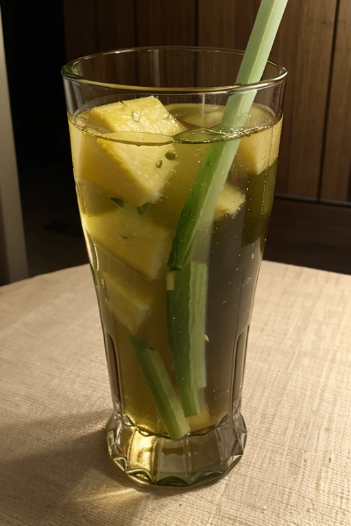 a glass of pineapple flavored water with green tea