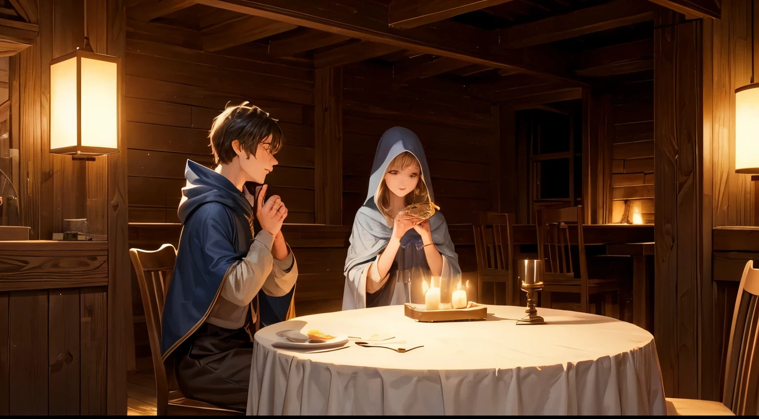 The image portrays a cozy, dimly lit room with wooden walls and floors. The rustic ambiance invites intrigue.
Soft lighting emanates from several candles placed on a table to the left. These flickering flames illuminate the space.
A hanging lamp casts a warm glow from above, adding to the room’s intimate atmosphere.
Dust particles float gently in the air, creating an almost magical quality.
Character in the Foreground:
The central figure wears a hooded cloak, their face obscured. This air of mystery draws attention.
The character is playing a guitar, their fingers dancing across the strings. The music likely fills the room.
The guitar player exudes both solitude and connection—a paradoxical blend.
Background Details:
Other patrons are seated at tables in the background. Their hushed conversations or rapt attention to the music contribute to the room’s allure.
The text “Fairy Winds” appears at the bottom left corner, hinting at the theme or title of this enchanting scene.