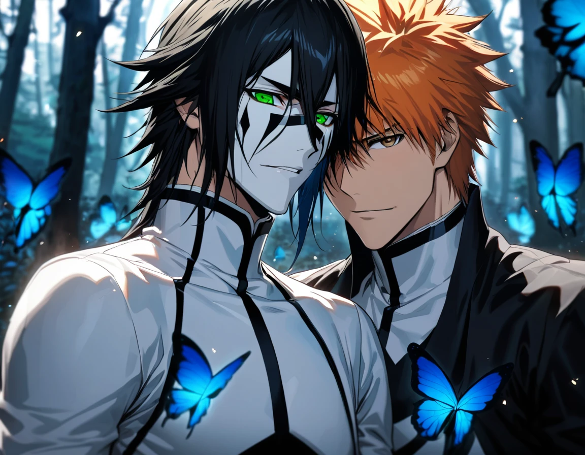 absurdres, highres, ultra detailed, HDR), master piece, best quality, Kurosaki Ichigo, orange hair, vibrant brown eyes, black shinigami clothes, Bleach, Ulquiorra Cifer, black medium hair, hair between the eyes, vibrant green eyes, white arrancar clothes, 2men together, gay, handsome, blue forest, blue butterflies, blue flowers, blue petals