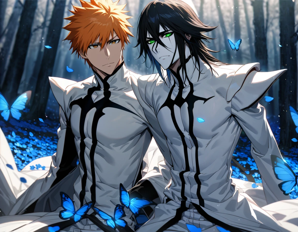 absurdres, highres, ultra detailed, HDR), master piece, best quality, Kurosaki Ichigo, orange hair, vibrant brown eyes, black shinigami clothes, Bleach, Ulquiorra Cifer, black medium hair, hair between the eyes, vibrant green eyes, white arrancar clothes, 2men together, gay, handsome, blue forest, blue butterflies, blue flowers, blue petals