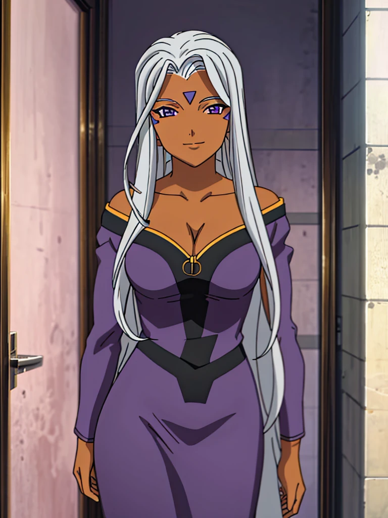 Urd, 1girl, solo, dark skin, purple color eyes, cleavage, smile, goddess outfit, standing, perfect quality, good quality, masterpiece, HDR, UHD