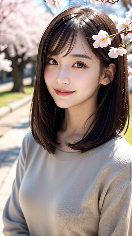 (((close up of face)))、(((Absolutely shoulder-length brown hair straight short bob)))、(((She is posing like a hair salon model with a row of cherry blossom trees in the background.)))、(((casual black winter long sleeve clothes)))、Half Japanese and Korean、18 year old girl、standing alone、facing forward、light eye makeup、brown hair color、flat and 、hair blowing in the wind、actress quality、Shiny, ultra-realistic face、smiling expression、Moist eyes、looking up、subdued lighting effects、 ultra-realistic capture、very detailed、High resolution 16K close-up of human skin。Skin texture must be natural、Must be so detailed that pores can be identified、skin is healthy、Must have an even tone、use natural light and colors、Old-fashioned high-quality images taken by a model agency's exclusive photographer、smile