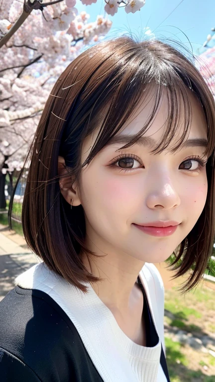 (((close up of face)))、(((Absolutely shoulder-length brown hair straight short bob)))、(((She is posing like a hair salon model with a row of cherry blossom trees in the background.)))、(((casual black winter long sleeve clothes)))、Half Japanese and Korean、18 year old girl、standing alone、facing forward、light eye makeup、brown hair color、flat and 、hair blowing in the wind、actress quality、Shiny, ultra-realistic face、smiling expression、Moist eyes、looking up、subdued lighting effects、 ultra-realistic capture、very detailed、High resolution 16K close-up of human skin。Skin texture must be natural、Must be so detailed that pores can be identified、skin is healthy、Must have an even tone、use natural light and colors、Old-fashioned high-quality images taken by a model agency's exclusive photographer、smile