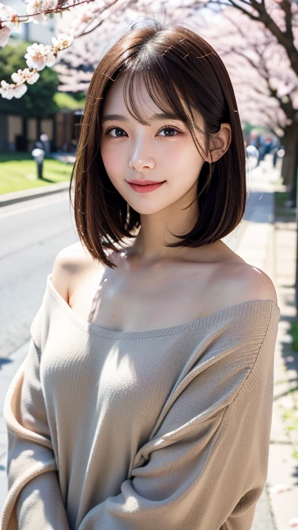 (((close up of face)))、(((Absolutely shoulder-length brown hair straight short bob)))、(((She is posing like a hair salon model with a row of cherry blossom trees in the background.)))、(((casual black winter long sleeve clothes)))、Half Japanese and Korean、18 year old girl、standing alone、facing forward、light eye makeup、brown hair color、flat and 、hair blowing in the wind、actress quality、Shiny, ultra-realistic face、smiling expression、Moist eyes、looking up、subdued lighting effects、 ultra-realistic capture、very detailed、High resolution 16K close-up of human skin。Skin texture must be natural、Must be so detailed that pores can be identified、skin is healthy、Must have an even tone、use natural light and colors、Old-fashioned high-quality images taken by a model agency's exclusive photographer、smile