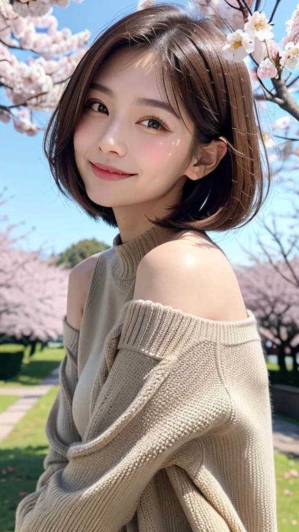 (((close up of face)))、(((Absolutely shoulder-length brown hair straight short bob)))、(((She is posing like a hair salon model with a row of cherry blossom trees in the background.)))、(((casual black winter long sleeve clothes)))、Half Japanese and Korean、18 year old girl、standing alone、facing forward、light eye makeup、brown hair color、flat and 、hair blowing in the wind、actress quality、Shiny, ultra-realistic face、smiling expression、Moist eyes、looking up、subdued lighting effects、 ultra-realistic capture、very detailed、High resolution 16K close-up of human skin。Skin texture must be natural、Must be so detailed that pores can be identified、skin is healthy、Must have an even tone、use natural light and colors、Old-fashioned high-quality images taken by a model agency&#39;s exclusive photographer、smile
