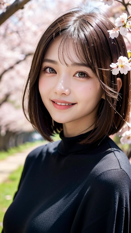 (((close up of face)))、(((Absolutely shoulder-length brown hair straight short bob)))、(((She is posing like a hair salon model with a row of cherry blossom trees in the background.)))、(((casual black winter long sleeve clothes)))、Half Japanese and Korean、18 year old girl、standing alone、facing forward、light eye makeup、brown hair color、flat and 、hair blowing in the wind、actress quality、Shiny, ultra-realistic face、smiling expression、Moist eyes、looking up、subdued lighting effects、 ultra-realistic capture、very detailed、High resolution 16K close-up of human skin。Skin texture must be natural、Must be so detailed that pores can be identified、skin is healthy、Must have an even tone、use natural light and colors、Old-fashioned high-quality images taken by a model agency&#39;s exclusive photographer、smile
