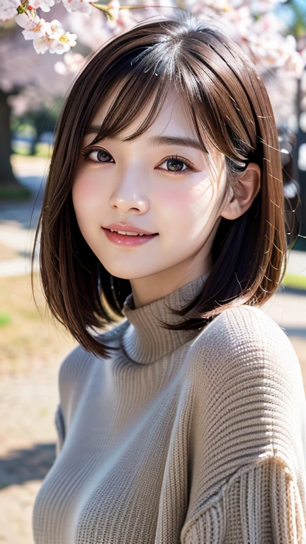 (((close up of face)))、(((Absolutely shoulder-length brown hair straight short bob)))、(((She is posing like a hair salon model with a row of cherry blossom trees in the background.)))、(((casual black winter long sleeve clothes)))、Half Japanese and Korean、18 year old girl、standing alone、facing forward、light eye makeup、brown hair color、flat and 、hair blowing in the wind、actress quality、Shiny, ultra-realistic face、smiling expression、Moist eyes、looking up、subdued lighting effects、 ultra-realistic capture、very detailed、High resolution 16K close-up of human skin。Skin texture must be natural、Must be so detailed that pores can be identified、skin is healthy、Must have an even tone、use natural light and colors、Old-fashioned high-quality images taken by a model agency's exclusive photographer、smile