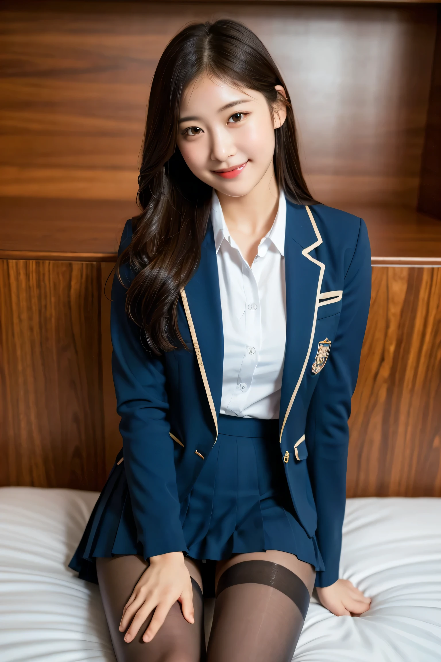 (8K), (highest quality: 1.2), (realistic), (realistic: 1.37), ultra high resolution, 1 girl, cute, smile, closed mouth, beautiful details, beautiful nose, wet hair, giant dulcefo, pork, thighs，Self snap,college uniform,simple blazer,pleated skirt,Are standing,opaque tights,(8K), (highest quality: 1.2), (realistic), (realistic: 1.37), ultra high resolution, 1 girl, cute, smile, closed mouth, beautiful details, beautiful nose, wet hair, giant dulcefo, pork, thighs，Self snap,college uniform,simple blazer,pleated skirt,opaque tights,bed,spread your legs ,skirt lift, From above
