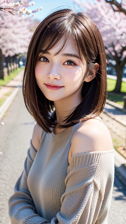 (((close up of face)))、(((Absolutely shoulder-length brown hair straight short bob)))、(((She is posing like a hair salon model with a row of cherry blossom trees in the background.)))、(((casual black winter long sleeve clothes)))、Half Japanese and Korean、18 year old girl、standing alone、facing forward、light eye makeup、brown hair color、flat and 、hair blowing in the wind、actress quality、Shiny, ultra-realistic face、smiling expression、Moist eyes、looking up、subdued lighting effects、 ultra-realistic capture、very detailed、High resolution 16K close-up of human skin。Skin texture must be natural、Must be so detailed that pores can be identified、skin is healthy、Must have an even tone、use natural light and colors、Old-fashioned high-quality images taken by a model agency&#39;s exclusive photographer、smile
