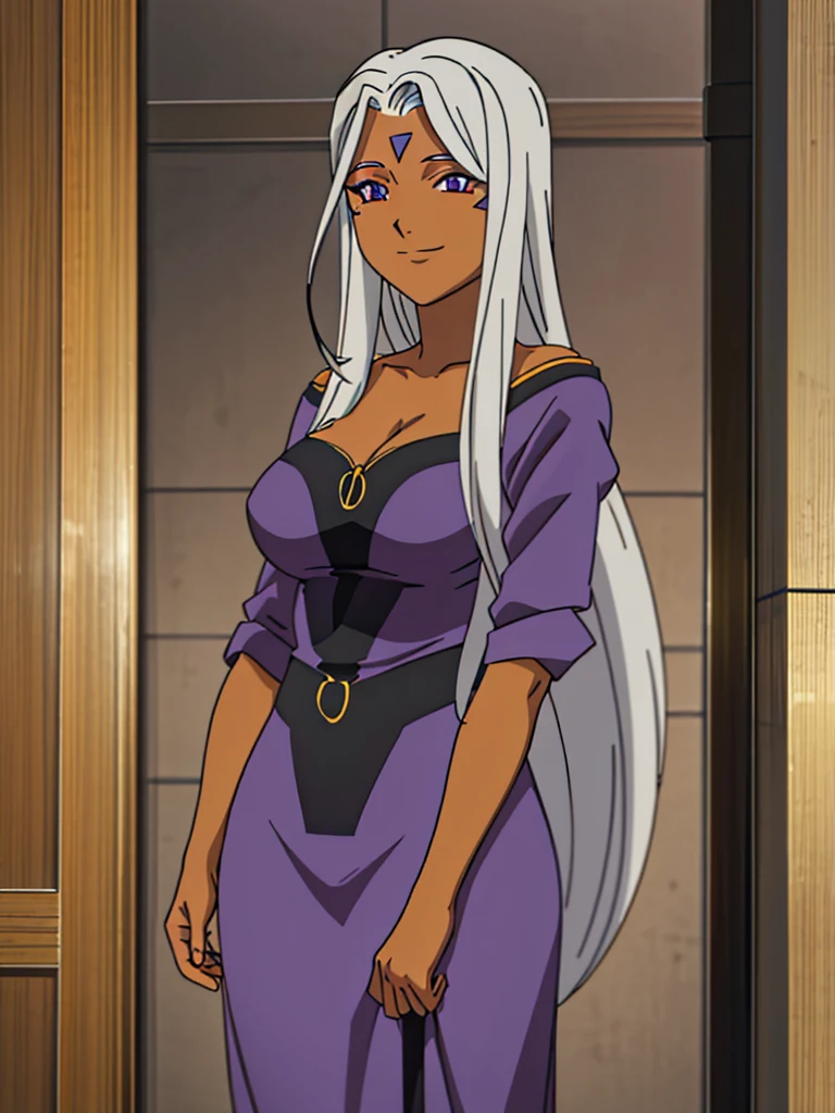 Urd, 1girl, solo, dark skin, purple color eyes, cleavage, smile, goddess outfit, standing, perfect quality, good quality, masterpiece, HDR, UHD