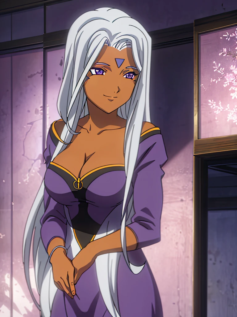 Urd, 1girl, solo, dark skin, purple color eyes, cleavage, smile, goddess outfit, standing, perfect quality, good quality, masterpiece, HDR, UHD