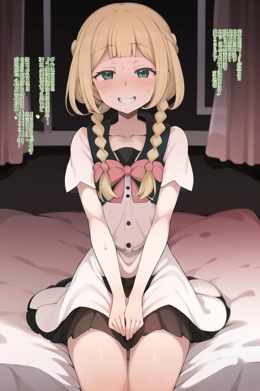 sweat, full-face blush,corruption, looking at viewer, (happy, smirk,smug, teeth,smile ), sitting, on bed, hotel room, heavy breathing, wariza, 
 blonde hair, green eyes, lillie \(pokemon\), twin braids, long hair, small breasts,, (masterpiece),(best quality),extreamly delicate and beautiful,illustration,absurdres,(realistic:0.4), high quality,, 1girl, solo,solo_focus,