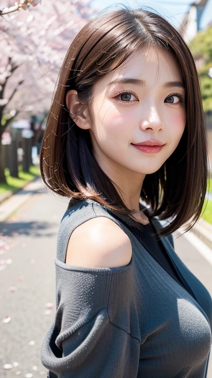 (((close up of face)))、(((Absolutely shoulder-length brown hair straight short bob)))、(((She is posing like a hair salon model with a row of cherry blossom trees in the background.)))、(((casual black winter long sleeve clothes)))、Half Japanese and Korean、18 year old girl、standing alone、facing forward、light eye makeup、brown hair color、flat and 、hair blowing in the wind、actress quality、Shiny, ultra-realistic face、smiling expression、Moist eyes、looking up、subdued lighting effects、 ultra-realistic capture、very detailed、High resolution 16K close-up of human skin。Skin texture must be natural、Must be so detailed that pores can be identified、skin is healthy、Must have an even tone、use natural light and colors、Old-fashioned high-quality images taken by a model agency&#39;s exclusive photographer、smile
