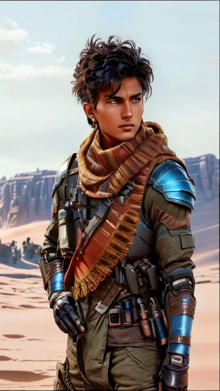 A handsome brown Brazilian warrior boy, blue eyes, short Crewcut gradient hair (military style) wearing a twill scarf on a desert plain. his twill and brown clothes, with cybernetic titanium armor in the futuristic desert of the film DUNE 2024. The young man appears to be looking at something or someone to his side, possibly focusing on a target or observing what is around him. Epic scenery inspired by the film "DUNE" 2024, high 4k image quality