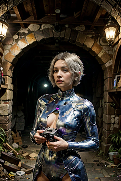 (best quality,4k,8k,highres,masterpiece:1.37),pixel art,(aerial view),(top down perspective),lora:more_details:1,(the focal point is one humanoid character carefully pulling a video game cartridge out of a futuristic treasure chest full of retro video game cartridges:1.6), looking down, (Futuristic treasure box), (The woman is looking inside the treasure box:1.7), (The scene unfolds inside a mystic cavern:1.4), mecha, (dramatic angle:1.4), (The woman has short platinum hair:1.6), (fantasy and sci-fi mixed:1.5), holographic glitch effects floats around the woman, vibrant colors, (A purple glow emanates from inside the treasure chest), glowing lights, (abandoned machinery), (there are old video game cartridges and consoles on the background), mystical creatures, pixelated details, (there are crystal formations spreading on the environment), (futuristic technology), (ancient artifacts), mystical energy, vibrant retro aesthetic, atmospheric lighting, hidden passages, ancient ruins, mysterious symbols, shimmering water, lush vegetation, interdimensional portals, ethereal music, nostalgic atmosphere, immersive storytelling, epic adventure, delightful surprises.