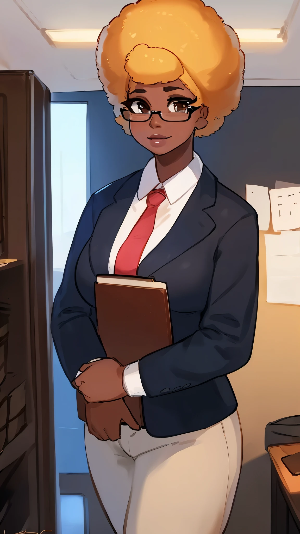 By bebebebebe, by lostgoose, by goonie-san, Solo, standing, black woman, office worker, glasses, big glossy lips, ((lip gloss)), eyelashes, eyeliner, dark brown eyes, blonde afro hairstyle, human 