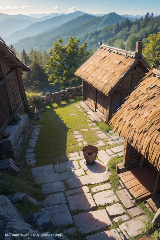 Slavic smithy gih up on the mountain, thatched roof, smithy, forge