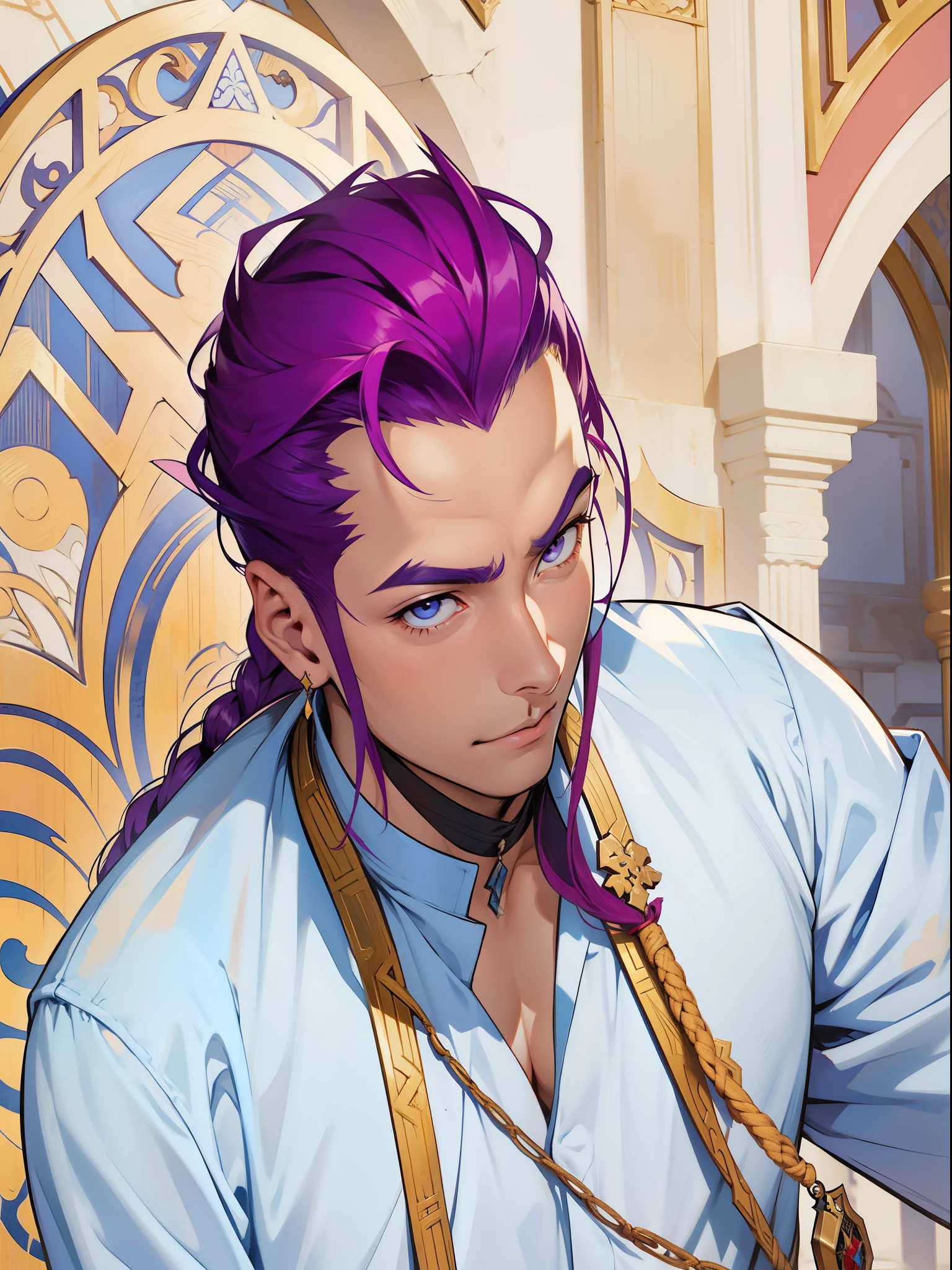 Un primer plano de una persona con cabello morado y una camisa azul, chico guapo en el arte de Demon Slayer, zhongli del impacto genshin, keqing del impacto genshin, sonrisa nefasta, inspirado en kris de deltarrune, sylas, casimir art, Bardo macho sonriente, personaje de impacto genshin, arte oficial del personaje