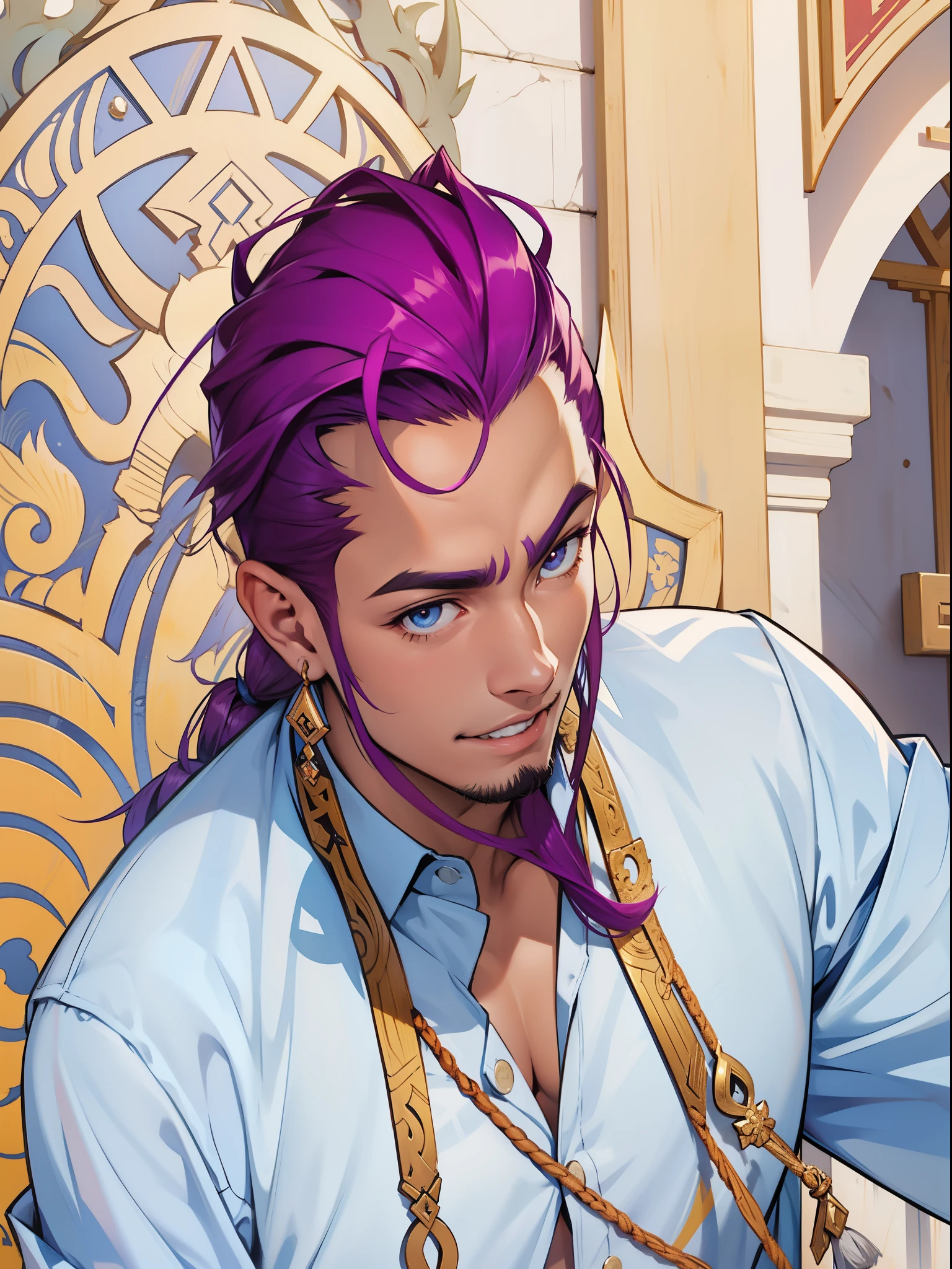 Un primer plano de una persona con cabello morado y una camisa azul, chico guapo en el arte de Demon Slayer, zhongli del impacto genshin, keqing del impacto genshin, sonrisa nefasta, inspirado en kris de deltarrune, sylas, casimir art, Bardo macho sonriente, personaje de impacto genshin, arte oficial del personaje