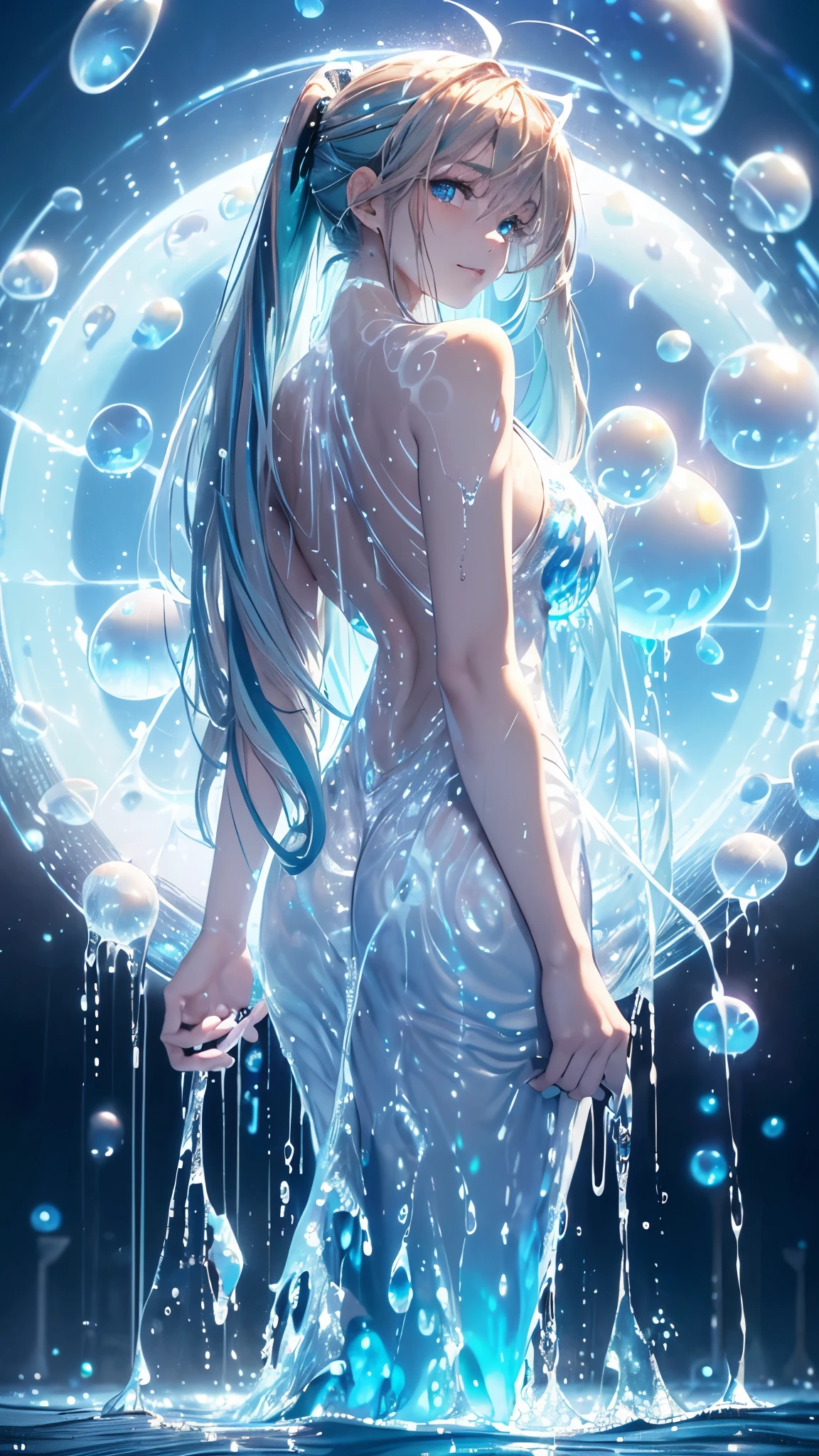 a 16 year old water goddess, Looks cute, (Silver blue hair streaked glowing blue:1.6), (Gradient dark blue hair ends:1.4), absundly extra long floating hair, hair over one eye, hair strand, (((Illusion aqua blue eyes))), delicate eyes, aqua eyes, like real eyes, (((glowing aqua eyes))), Blue extra gorgeous maxi classisskirt, wide angle shot, Focus on face, Very detailed facial, sexy body, Random pose, Random expressions, ((Floating in the sky of the city)), (((floating on the water))), (((Hand holding glowing spinning water polo))), (huge liquid circles stand upright floating on the back:2), (((floating blue liquid turn around body))), ((blue magic circle halo on the head)), makeup, light blue nail, aqua earrings, starry night sky, meteor, chiaroscuro, ((glowing light)), (sparkle), ray tracing, cinematic lighting, motion blur, Futurism, anime, best quality, UHD, super detail, masterpiece, highres, ccurate