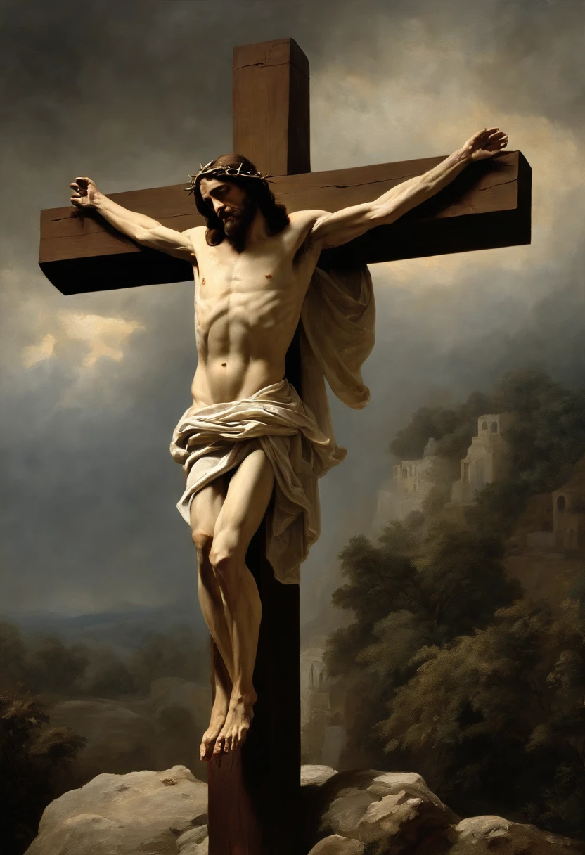 Estilo: Paleta de Realismo: Sober and melancholic, with a predominance of earthy tones, vermelhos e azuis. composition: Primeiro plano: Jesus Christ crucified on a rustic wooden cross. slim and athletic body, with realistic flogging marks and blackheads. Rosto sereno e angelical, with an expression of suffering and compassion. Cabelos castanhos compridos e barba espessa, ambos manchados de sangue. White tunic torn and stained with blood. Segundo plano: a dark and stormy sky, com nuvens carregadas e raios de sol fracos. Possivelmente, a Virgem Maria, Saint John and other religious figures at the foot of the cross. A crowd of people watching the scene, with expressions of sadness and despair. Detalhes: Jesus Cristo: Pale skin marked by suffering. Olhos castanhos semicerrados, with an expression of pain and compassion. Realistic hand wounds, feet and side. Sangue escorrendo das feridas. *Crown of thorns stuck on head. Cruz: Rustic and aged wood. Cravos de ferro enferrujados. Plaque with the inscription "INRI" (Jesus Nazareno, Rei dos Judeus). Outros elementos: Possivelmente, um anjo ao lado da cruz, segurando um copo para coletar o sangue de Jesus. A purple cloak thrown at the foot of the cross. A human skull at the foot of the cross, Symbol of Death. emotion: A pintura deve transmitir tristeza, sofrimento, compassion and faith. O rosto de Jesus Cristo deve ser sereno e angelical, mesmo em meio ao sofrimento. The color palette and composition of the painting should contribute to the melancholy and dramatic atmosphere of the scene.. uwagi: This is just a painting suggestion, you can adapt it according to your preferences and needs. It is important that the painting is faithful to religious tradition and the biblical description of the crucifixion of Jesus Christ.. Use keywords that reflect the desired style and characteristics of the painting when using the image generator. Exemplos de palavras-chave: Jesus Cristo crucificado Realismo Detalhes realistas Tons terrosos Vermelho