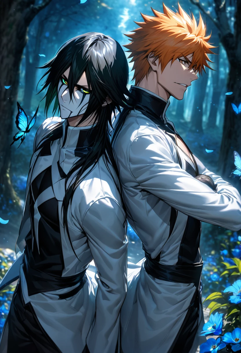 absurdres, highres, ultra detailed, HDR), master piece, best quality, vibrant green eyes, Ulquiorra Cifer, black medium hair, hair between the eyes, white arrancar clothes, Kurosaki Ichigo, orange hair, vibrant brown eyes, black shinigami clothes, Bleach, 2men together, gay, handsome, blue forest, blue butterflies, blue flowers, blue petals