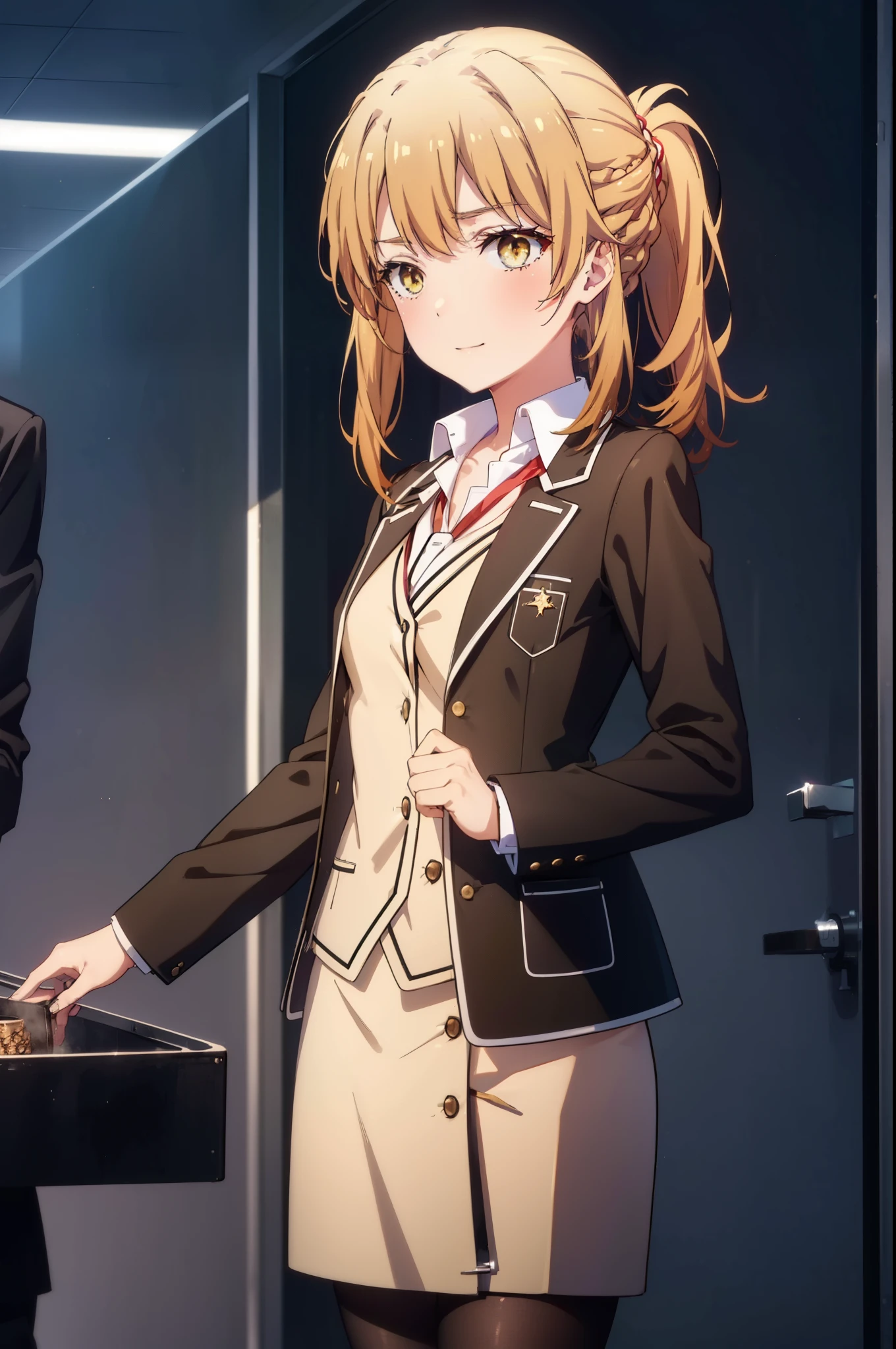 irohaisshiki, iroha isshiki, long hair, brown hair, (brown eyes:1.5), short braided hair,ponytail office lady, happy smile, smile, open your mouth,red glasses, end, black suit jacket, collared jacket, white dress shirt, collared shirt, neckline, button, strap, ID card on neck, black pencil skirt, black pantyhose,stiletto heels,morning,morning日,the sun is rising,So that the whole body goes into the illustration,
break outdoors, In town,building street,
break looking at viewer, (cowboy shot:1.5),
break (masterpiece:1.2), highest quality, High resolution, unity 8k wallpaper, (figure:0.8), (detailed and beautiful eyes:1.6), highly detailed face, perfect lighting, Very detailed CG, (perfect hands, perfect anatomy),