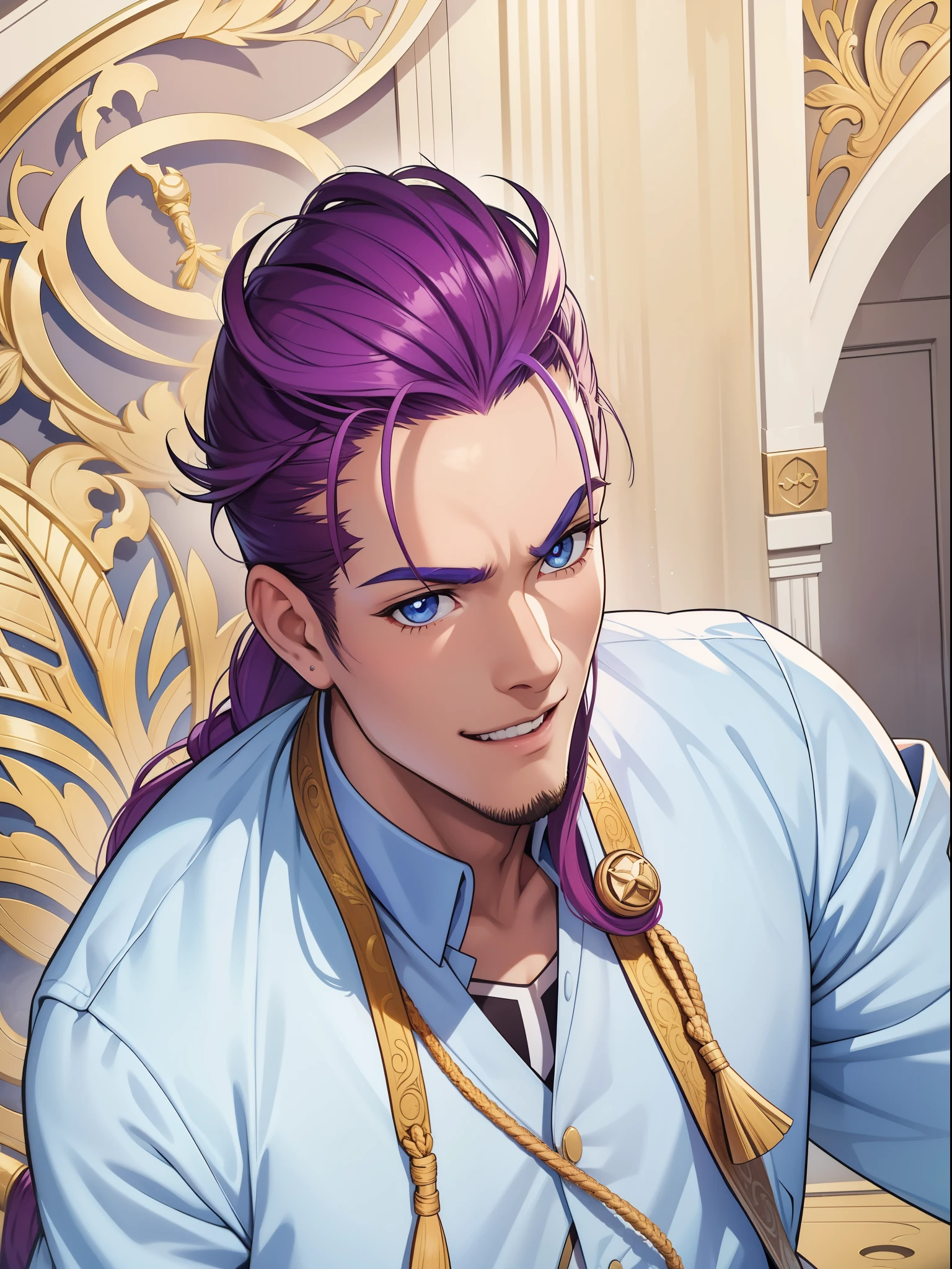 Un primer plano de una persona con cabello morado y una camisa azul, chico guapo en el arte de Demon Slayer, zhongli del impacto genshin, keqing del impacto genshin, sonrisa nefasta, inspirado en kris de deltarrune, sylas, casimir art, Bardo macho sonriente, personaje de impacto genshin, arte oficial del personaje