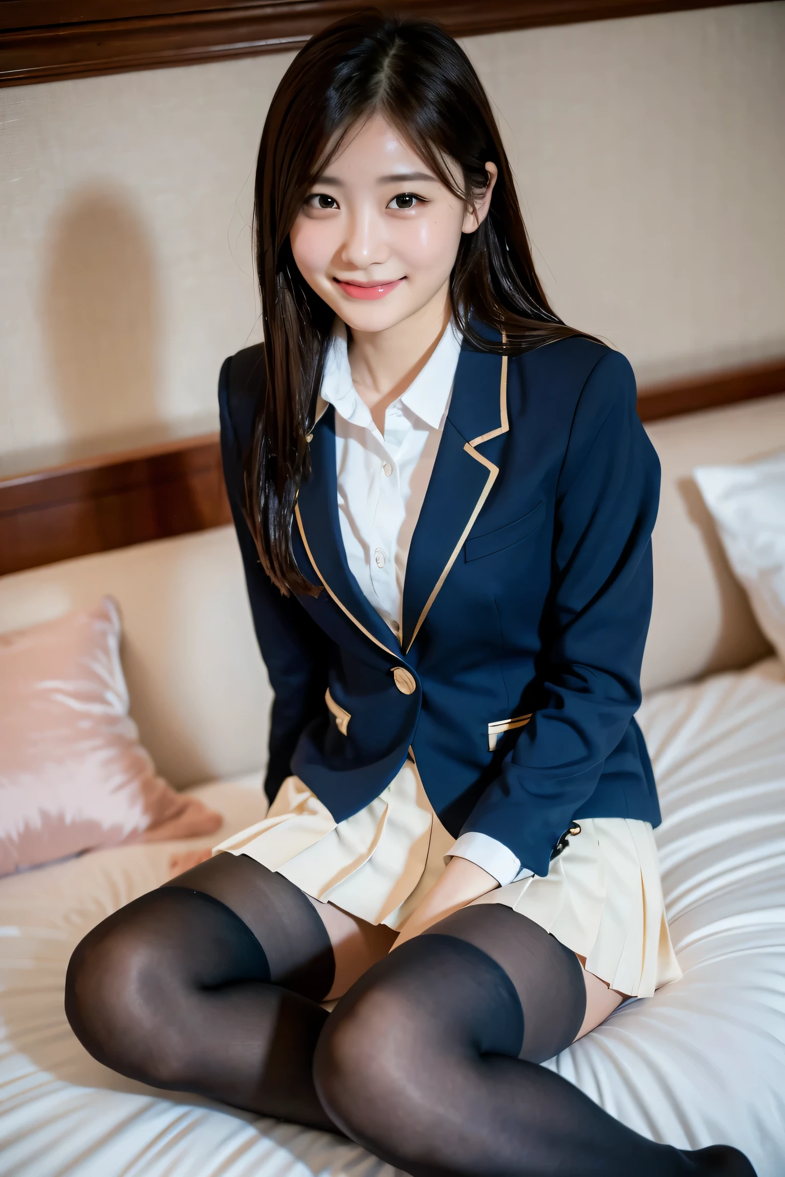 (8K), (highest quality: 1.2), (realistic), (realistic: 1.37), ultra high resolution, 1 girl, cute, smile, closed mouth, beautiful details, beautiful nose, wet hair, giant dulcefo, pork, thighs,Self snap,college uniform,simple blazer,pleated skirt,Are standing,opaque tights,(8K), (highest quality: 1.2), (realistic), (realistic: 1.37), ultra high resolution, 1 girl, cute, smile, closed mouth, beautiful details, beautiful nose, wet hair, giant dulcefo, pork, thighs,Self snap,college uniform,simple blazer,pleated skirt,opaque tights,bed,spread your legs ,skirt lift, From above