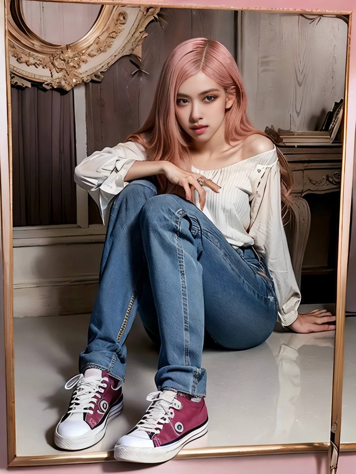 a woman in a cream coloured blouse hanging loosely on the shoulders, light coloured jeans , cute face, black converse shoes, 17 years old, adult face, long slightly wavy hair, ((pink hair)) and gleaming detailed vibrant purple eyes, slim frame, medium breasts, long legs, beautiful face, medium butt size, small feet size, small hand size, perfect hands