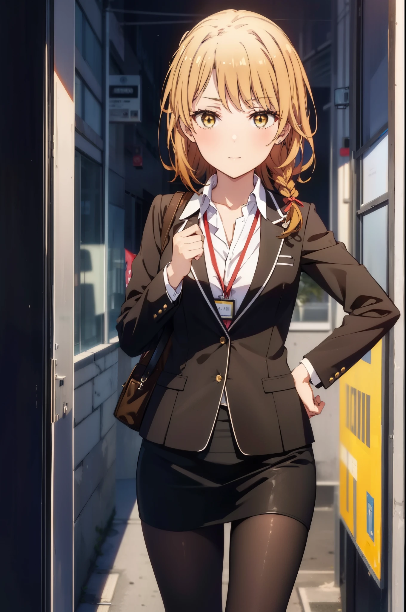 irohaisshiki, iroha isshiki, long hair, brown hair, (brown eyes:1.5), short braided hair,ponytail office lady, happy smile, smile, open your mouth,red glasses, end, black suit jacket, collared jacket, white dress shirt, collared shirt, neckline, button, strap, ID card on neck, black pencil skirt, black pantyhose,stiletto heels,morning,morning日,the sun is rising,So that the whole body goes into the illustration,
break outdoors, In town,building street,
break looking at viewer, (cowboy shot:1.5),
break (masterpiece:1.2), highest quality, High resolution, unity 8k wallpaper, (figure:0.8), (detailed and beautiful eyes:1.6), highly detailed face, perfect lighting, Very detailed CG, (perfect hands, perfect anatomy),