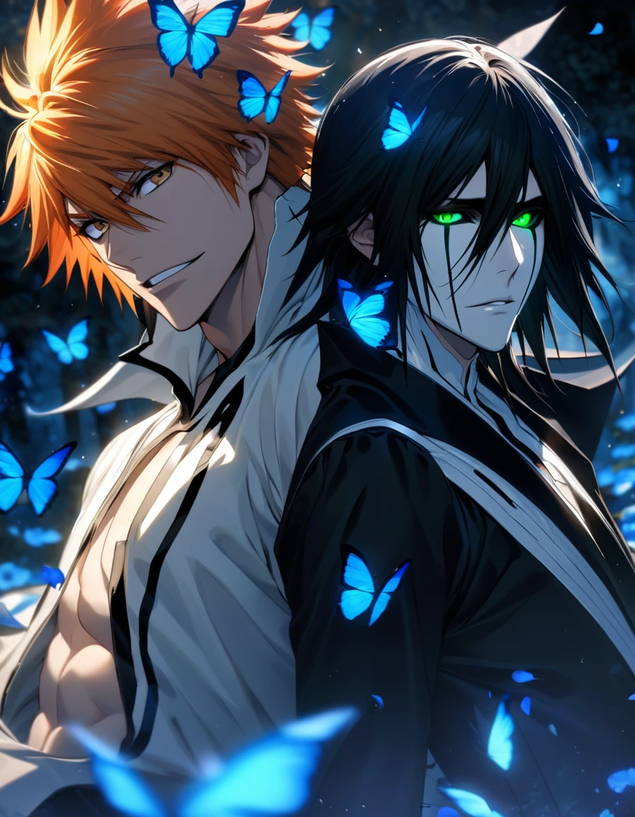 absurdres, highres, ultra detailed, HDR), master piece, best quality, vibrant green eyes, Ulquiorra Cifer, black medium hair, hair between the eyes, white arrancar clothes, Kurosaki Ichigo, orange hair, vibrant brown eyes, black shinigami clothes, Bleach, 2men together, gay, handsome, blue forest, blue butterflies, blue flowers, blue petals