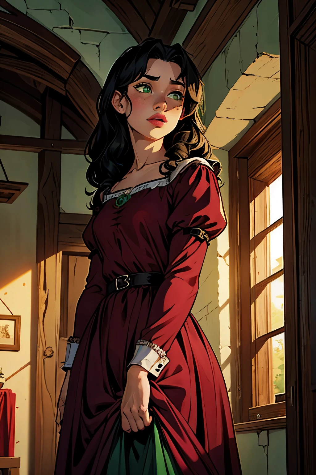 one girl, 18 years old, vert_curly_black_hair, green_eyes, pecas, light skin, maroon_princess_dress, standing in her bedroom, medieval ambient